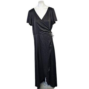 Baltic Born Silky V-Neck High Low Wrap Dress Size XXL Black Satin Short Sleeve